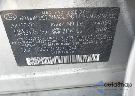 2012 Hyundai Sonata Gls Pzev from USA, damaged, VIN 5NPEB4AC1CH344525